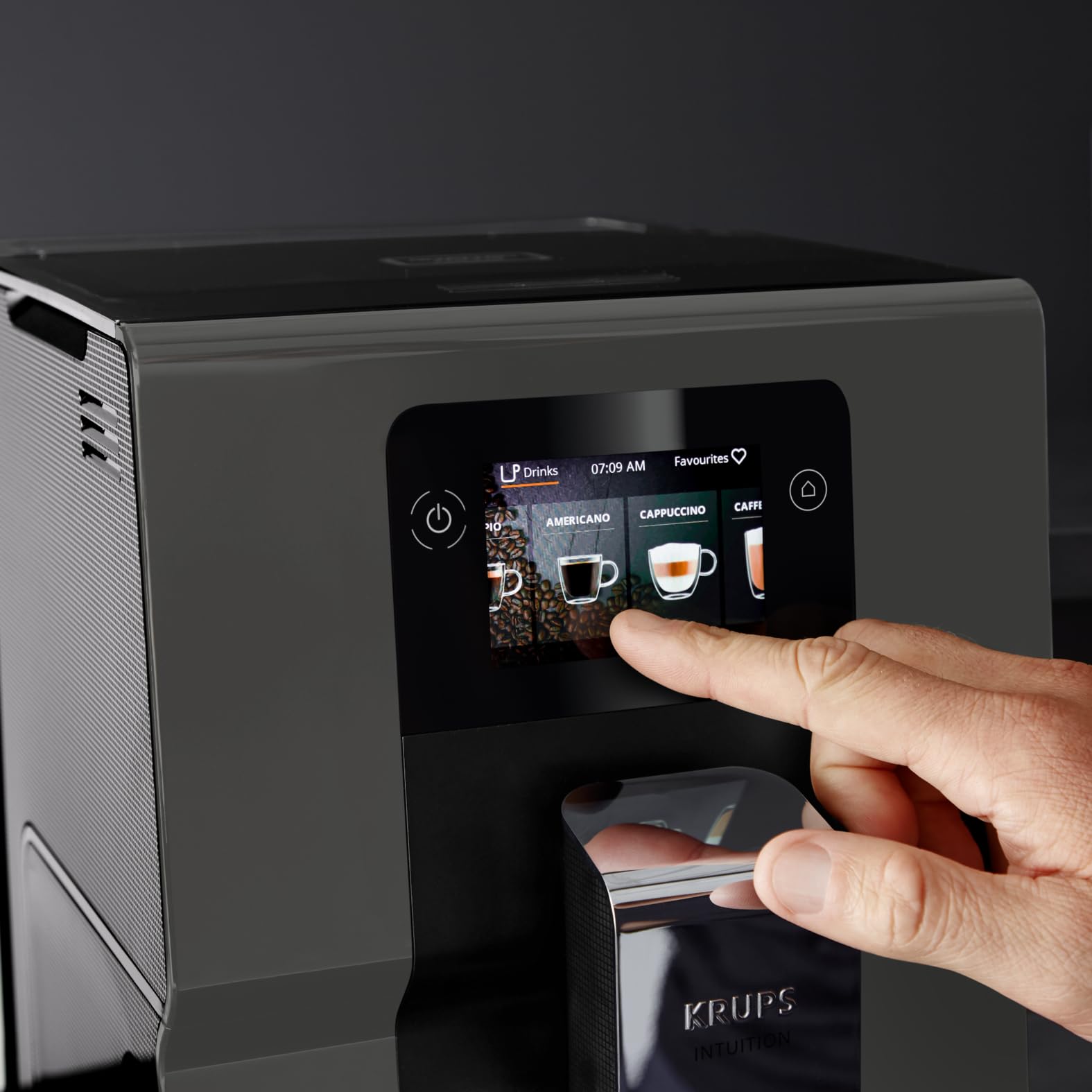 KRUPS EA872B Intuition Preference ekspres do kawy, dotykowy intuicyjny wyświetlacz SMART SCREEN, inteligentny system podświetleń, personalizacja ustawień, 11 rodzajów napojów, czarno-szare wykończenie