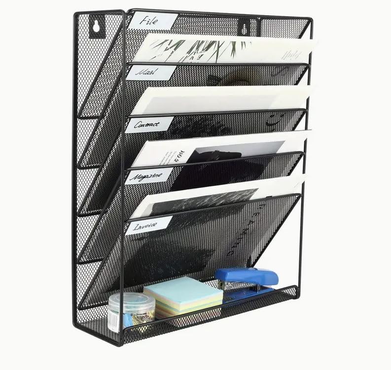 Kresal File Magazine Holder, 5 Tier A4 Mesh Wall-Mounted Magazine Rack, Hanging Wall File Holder Office Desk Accessories Organiser Tray for Book, Letter, Newspaper, Stationery-picture-22