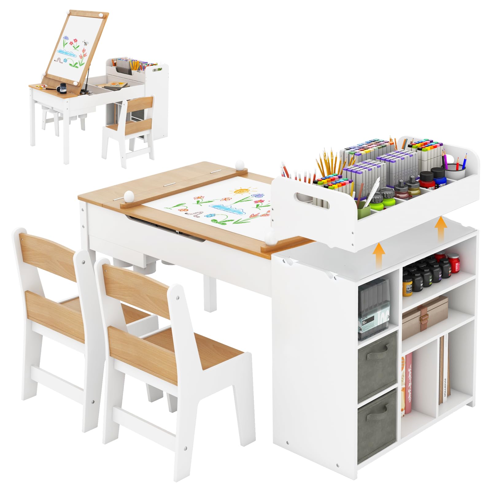 INFANS Kids Art Table and Chair Set, Wooden Multi Activity Desk with Easel Removable Storage Organizer Drawers 2 Storage Bins, Toddler Furniture for Drawing Arts Crafts (Natural, 120 * 60 * 75cm)