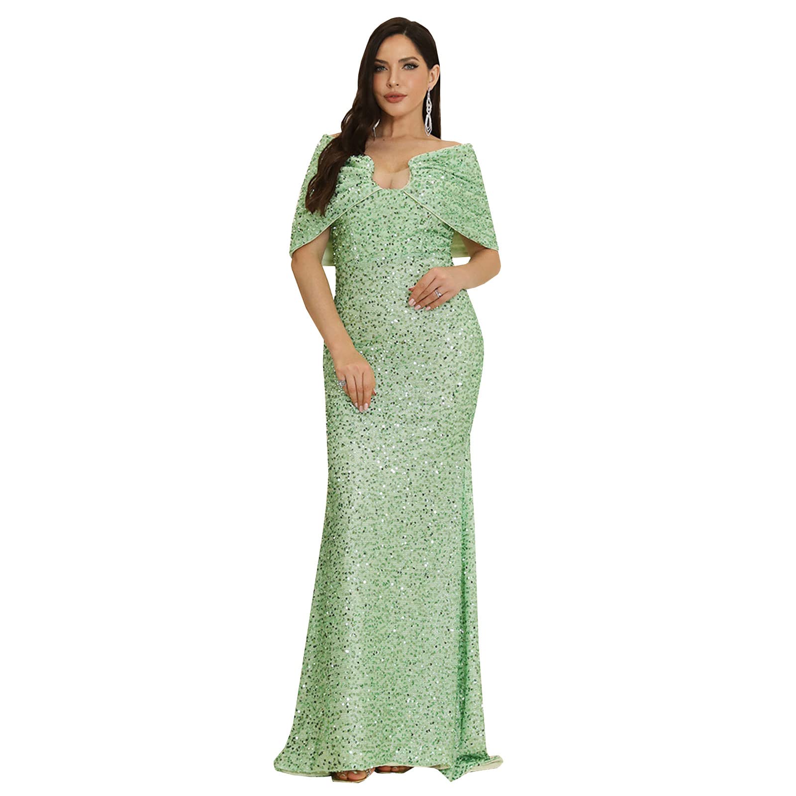 LNNSHX Abendkleid Damen Sexy One Shoulder Elegant Kurzarm Pailletten Bodycon Night Party Club Cocktail Lange Kleider,Green-L