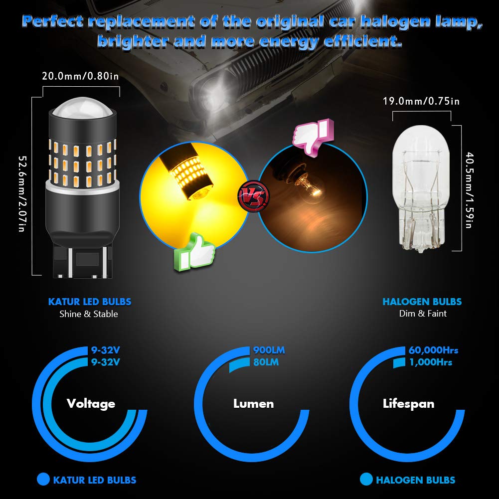 KATUR 7440 7443 7444NA 7441 7444 992 żarówka LED 3014 54 chipsety 650 lumenów zamiennik do kierunkowskazu cofania wstecznego cofania ogona hamowania światła postojowe, bursztynowe (opakowanie 4 szt.)