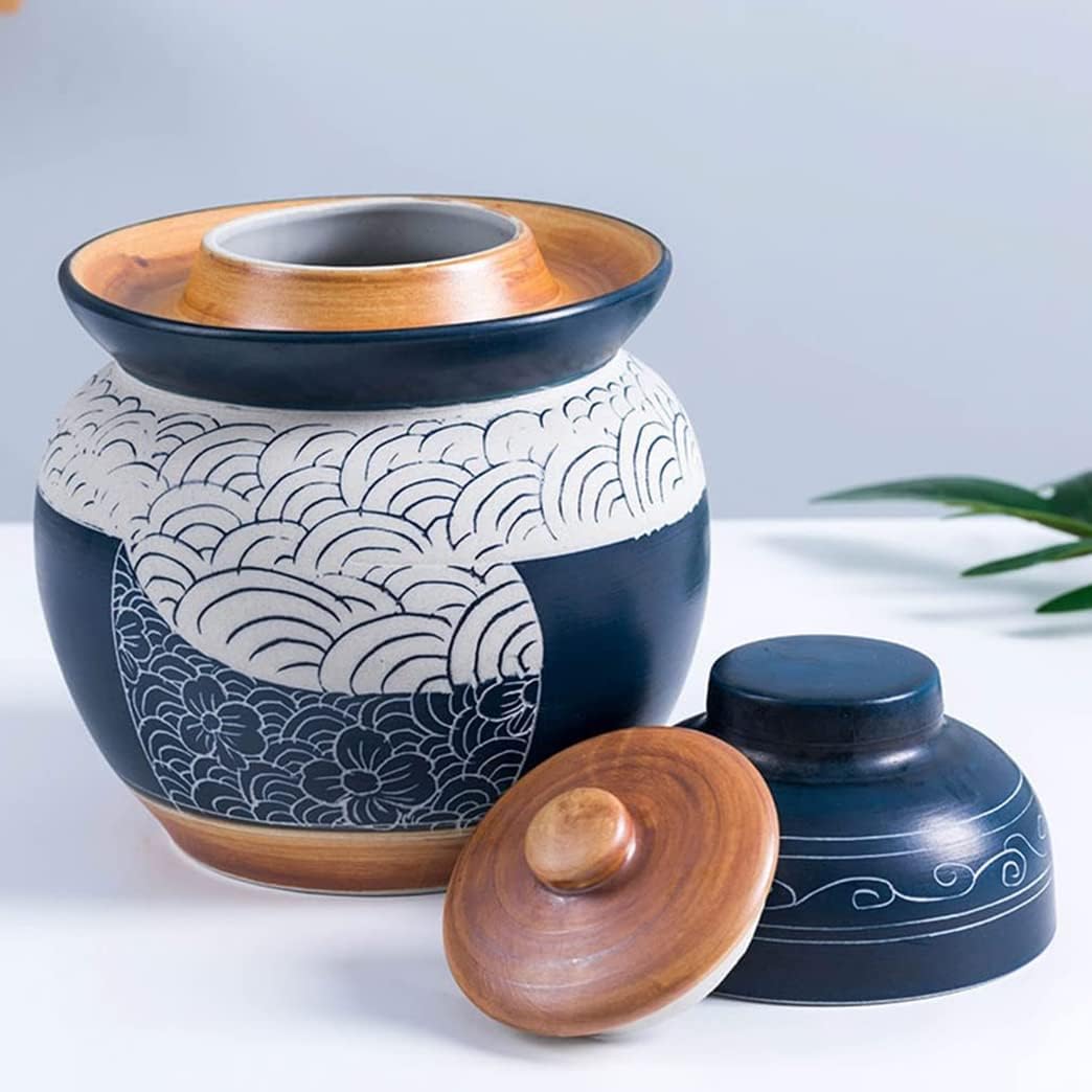 QPZK Blue Traditional Chinese Porcelain Pickle Jar, Ceramic Fermentation Crock Pickling Pot,Fermenting Jar With Water Seal Airlock Lid Stoneware Fermenter for Kimchi Saue 5KG