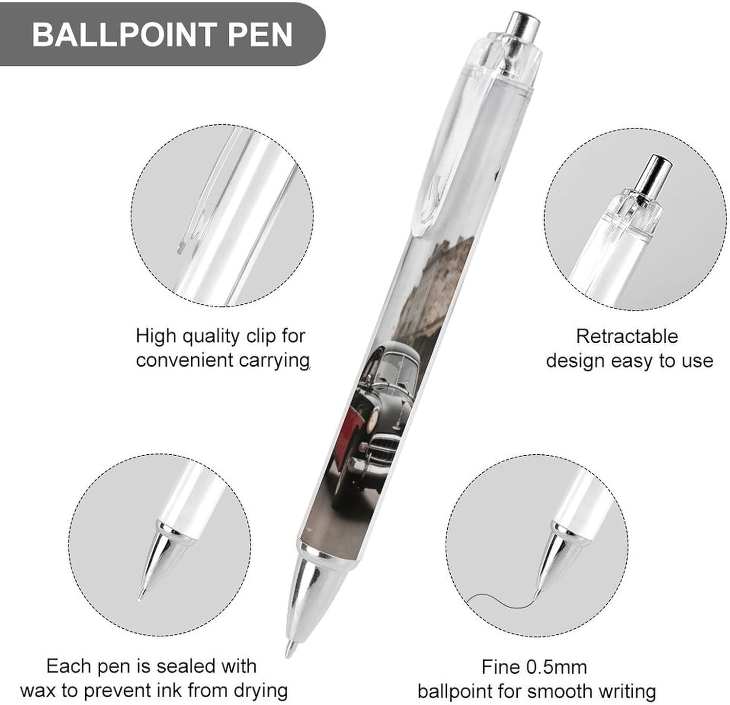 Vintage Car Retractable Ballpoint Pen, 0.5mm Fine Point 2 PCS image 3