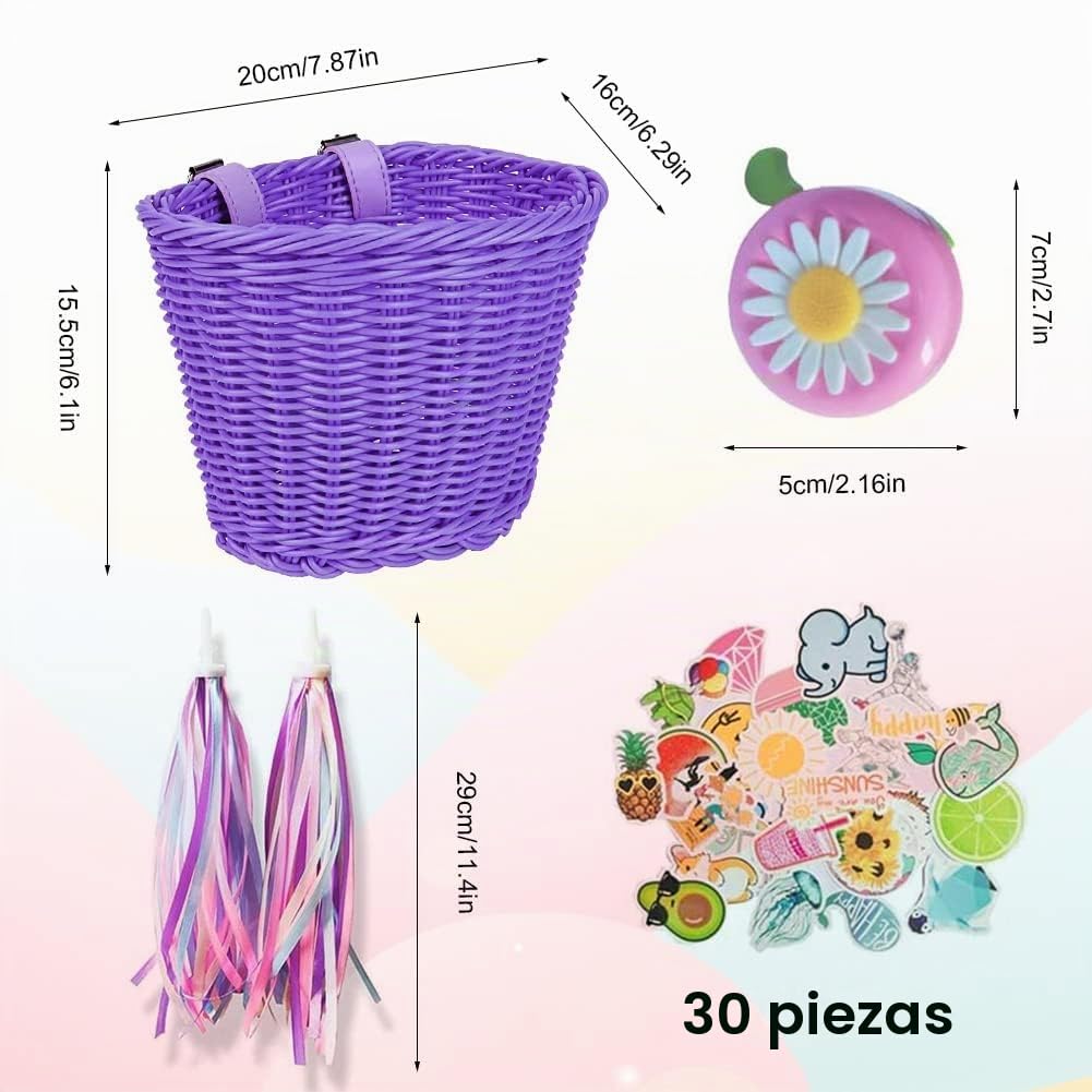 Cesta delantera para bicicleta infantil desmontable, EUBSWA cesta de mimbre delantera con campanas y serpentinas, accesorios para cesta de bicicleta para niñas