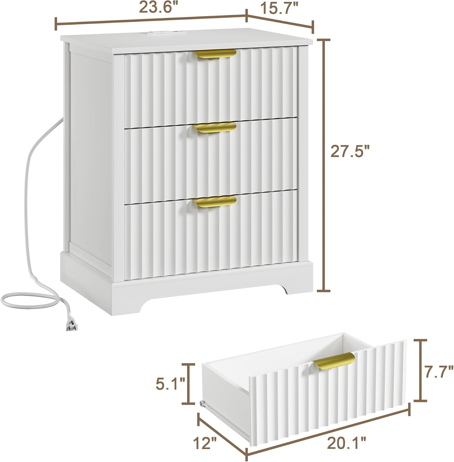 Fluted Nightstand with Charging Station, Modern Night Stand with 3 Drawers and Metal Handles, Large Bedside Table for Bedroom, White