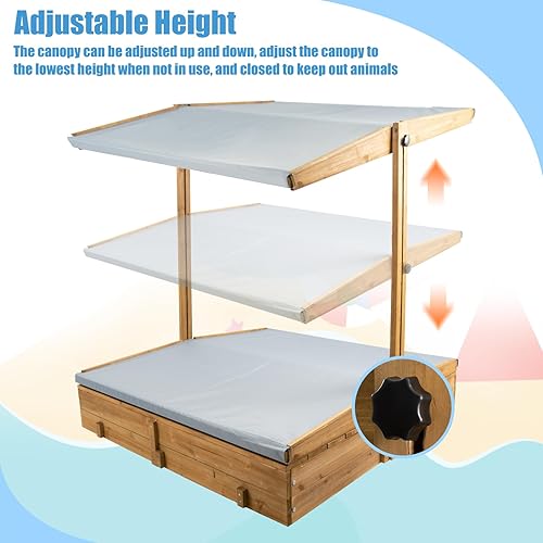Miniatura 3 de PetsCosset Caja de arena de madera con tapa, cajas de arena para niños al aire libre con tapa, caja de arena con 2 asientos plegables para patio