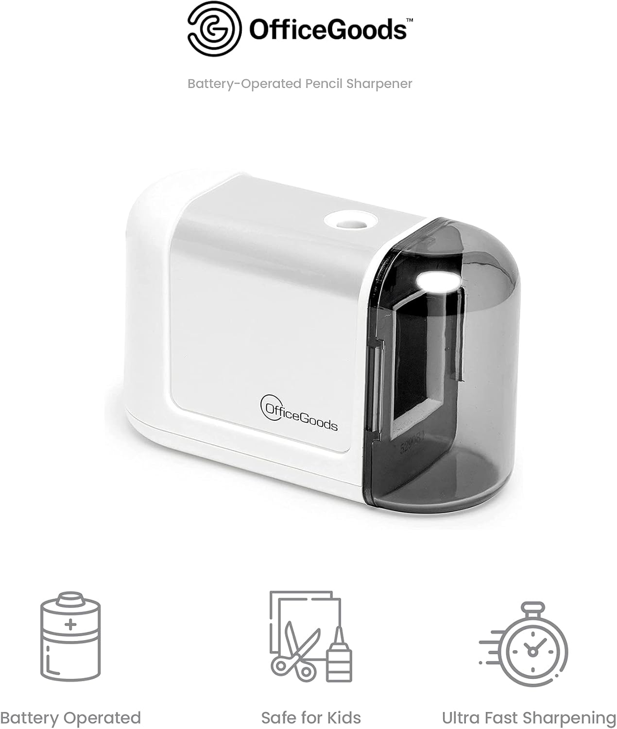 OfficeGoods Mini-Pro Electric Pencil Sharpener - Cordless Portable Sharpener - Battery Operated - Compact & Powerful for Home, Office & School - White