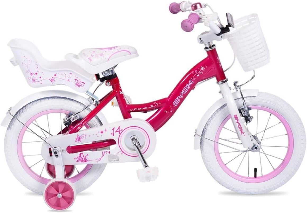 Side view of the Byox 14-inch Flower Kids' Bicycle, highlighting the doll seat and chain guard
