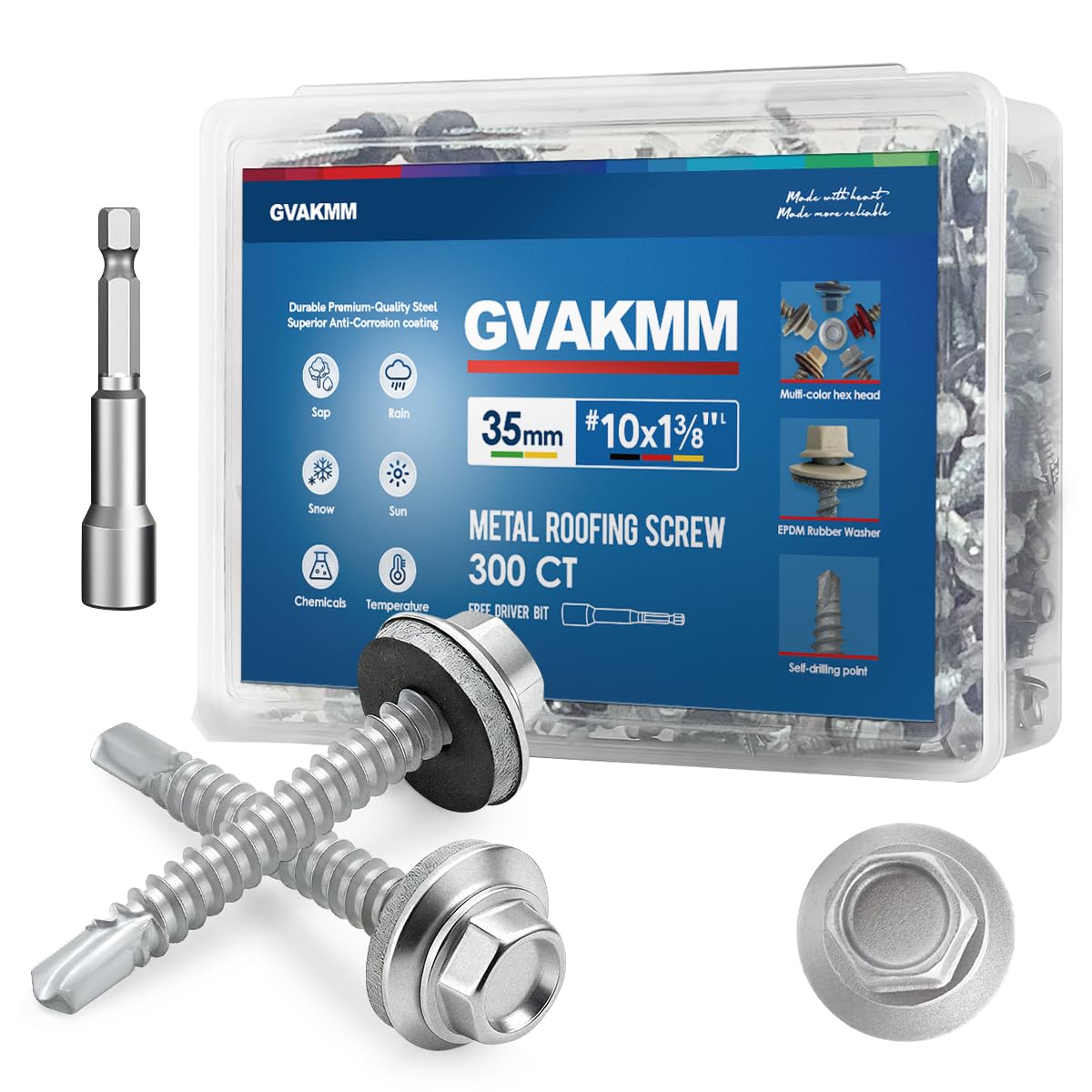 GVAKMM 300Pcs 4.8 x 35mm Zinc Metal Roofing Screws, 8mm Hex Colored Head Self-Drilling Metal to Wood Siding Fasteners, in Reusable Storage Case, 8mm Hex Driver Bit Included
