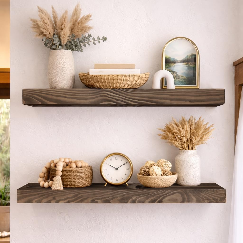 24 Inch Rustic Wood Floating Shelves for Wall,8.66 Inch Deep Solid Wood Wall Shelf with Heavy Duty Hidden Bracket, Black Walnut,24 × 8.66 × 2.28,for Living Room Bathroom Bedroom Kitchen, Set of 2