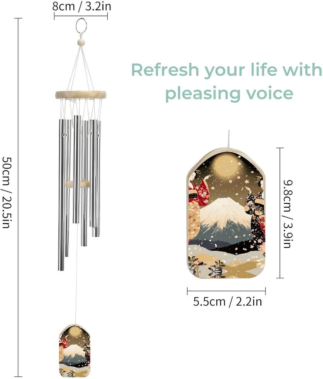 Geisha Dancing Moon Fuji Wooden Wind Chimes Deep Tone Memorial Windchime for Outside Garden Home Decoration