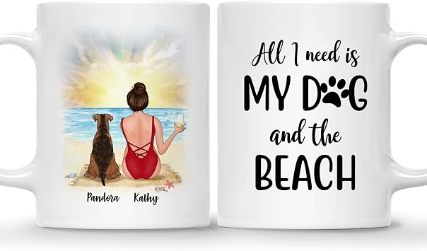 Gossby Personalized Dog Mom Coffee Mug - Custom Dog Gift for Women with Dog Breeds, Design, Name - Birthday, Christmas, Summer Dog Mom Gift - All I Need is My Dog and the Beach - A Girl and Her Dog