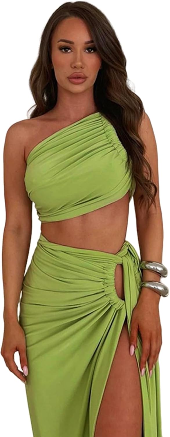 JUMISEE Women's 2 Piece Outfit Sexy Backless One Shoulder Crop Top Tie Side High Slit Maxi Skirt Beach Vacation Dress - Image 2