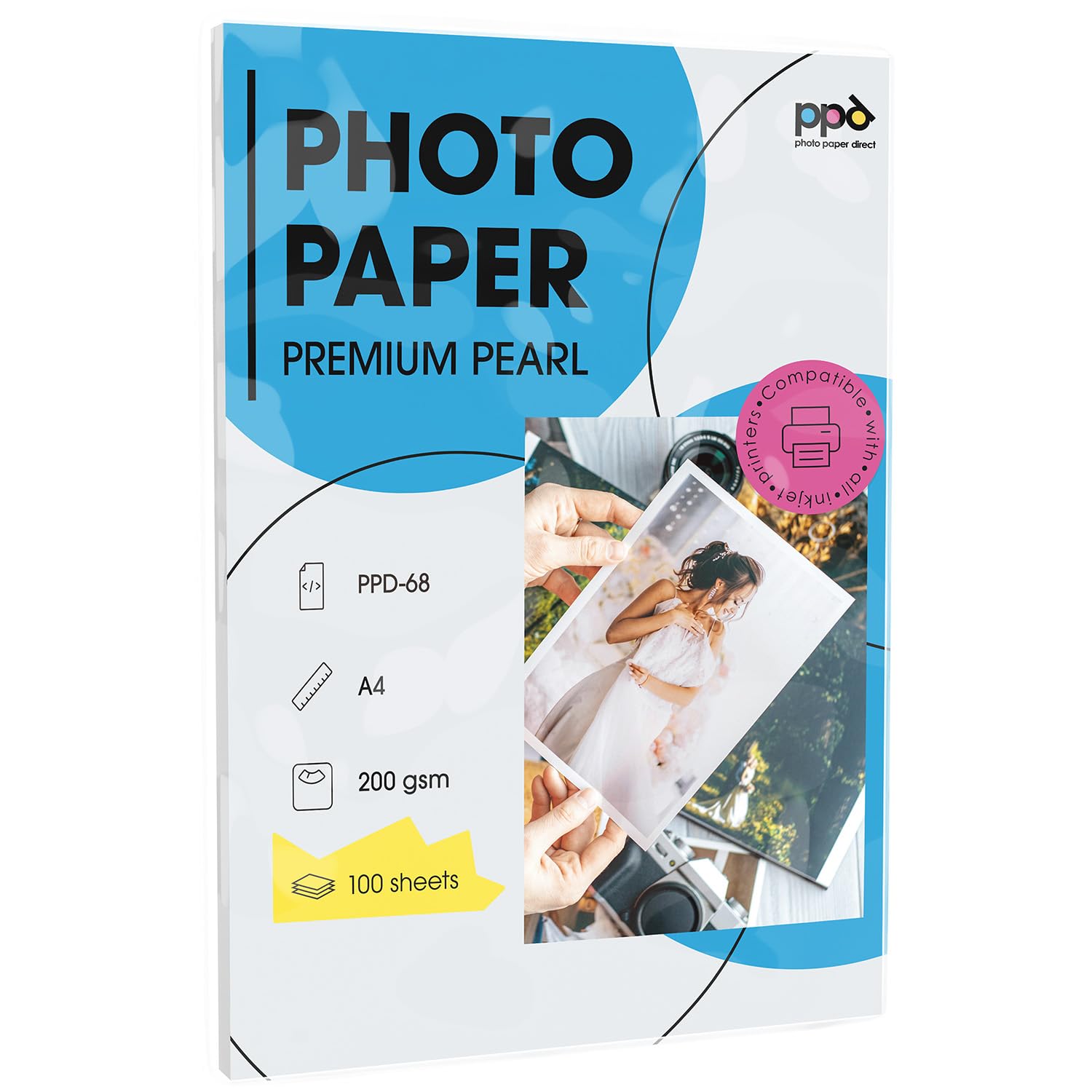 PPD A4x100 Feuilles Papiers Photo Super Premium Satiné, Grammage Moyen 200g, Jet d' Encre, Séchage Rapide, Microporeux, Résistant