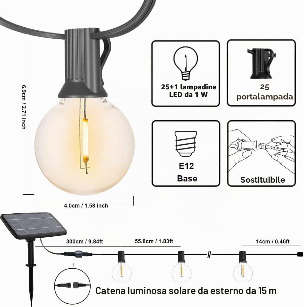 Catena Di Luci A Energia Solare Per Esterni, 15 M, Per Esterni, 25+1 Lampadine In Plastica, Impermeabile, IP45, Giardino, Terrazza, Alberi, Feste, 2700 K, Bianco Caldo Nozze