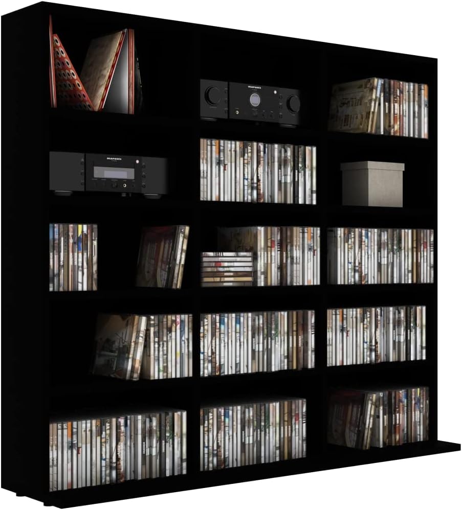 CD Cabinet,Media Cabinet,Display Shelves,DVD Storage Cabinets,Video Game Shelf, Storage for Blue-Rays, DVDs, Cds and Games,with 15 Open Compartments,Black 40.6"x9"x35.2" Chipboard