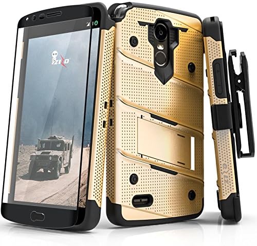Zizo Bolt Series Compatible with LG Stylo 3 Case Military Grade Drop Tested with Tempered Glass Screen Protector, Holster, Kickstand Gold Black