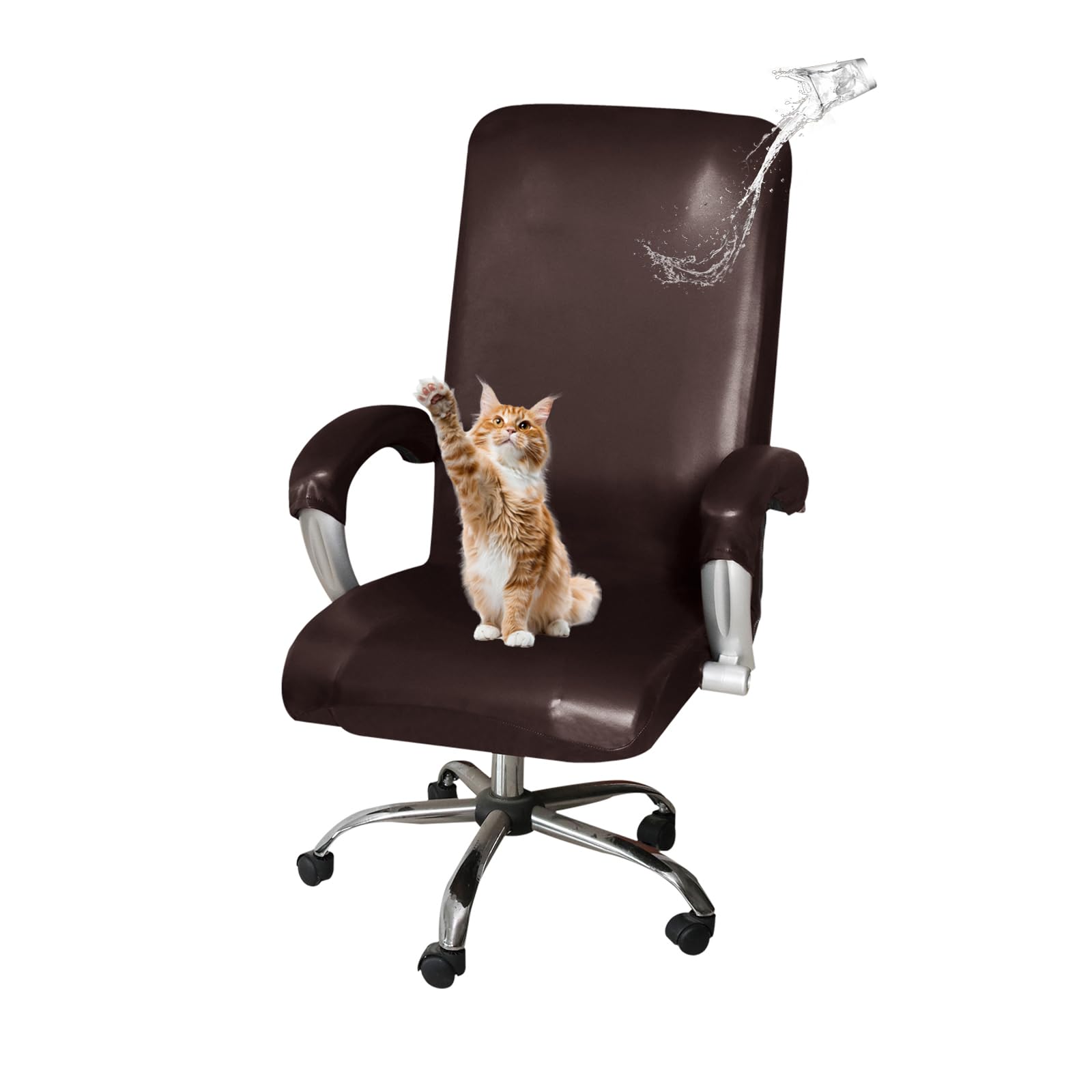 CACXKEP Leather Office Chair Cover Stretchable Waterproof Desk Chair Cover Computer Chair Cover Large Rolling Chair Cover for Cat,Dark Brown,L