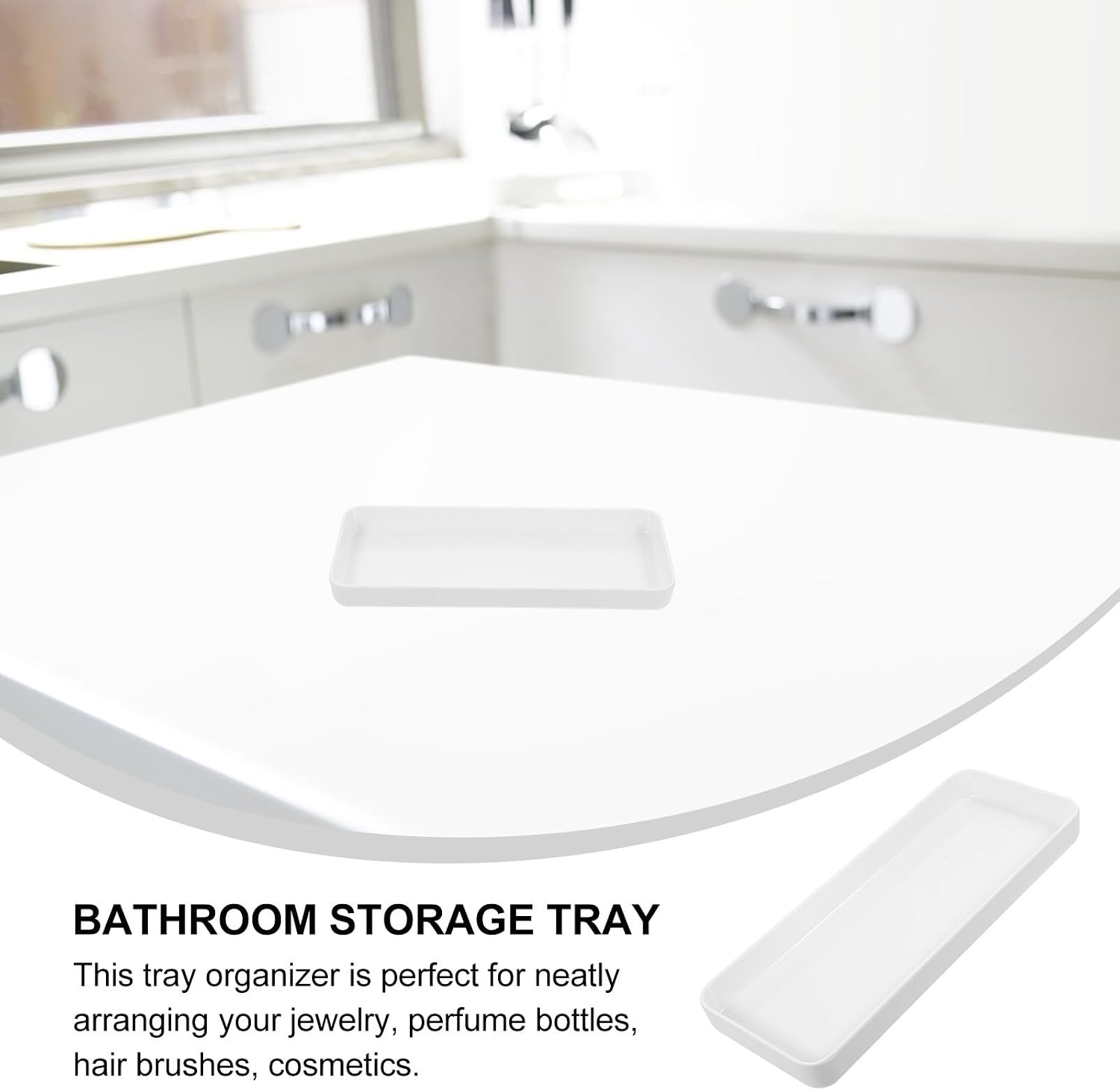 Simple Vanity Tray and Multifunctional Storage Plate, White Melamine Rectangular Bathroom Organizer for Toiletries and Jewelry, Decorative Desktop Storage for Bathroom Supplies