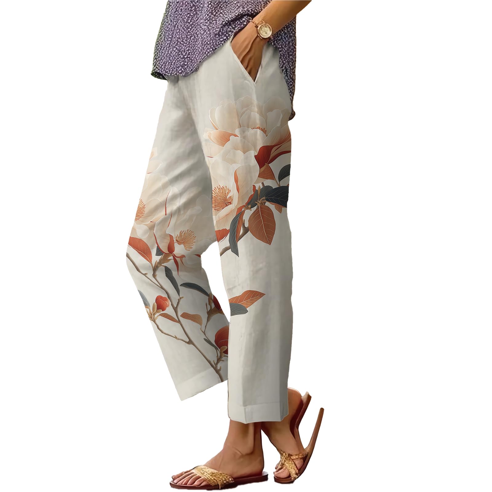 Womens Summer Casual Pants Boho Floral Straight Leg Capris Elastic Waist Capri Pant Lightweight Beach Vacation Trousers