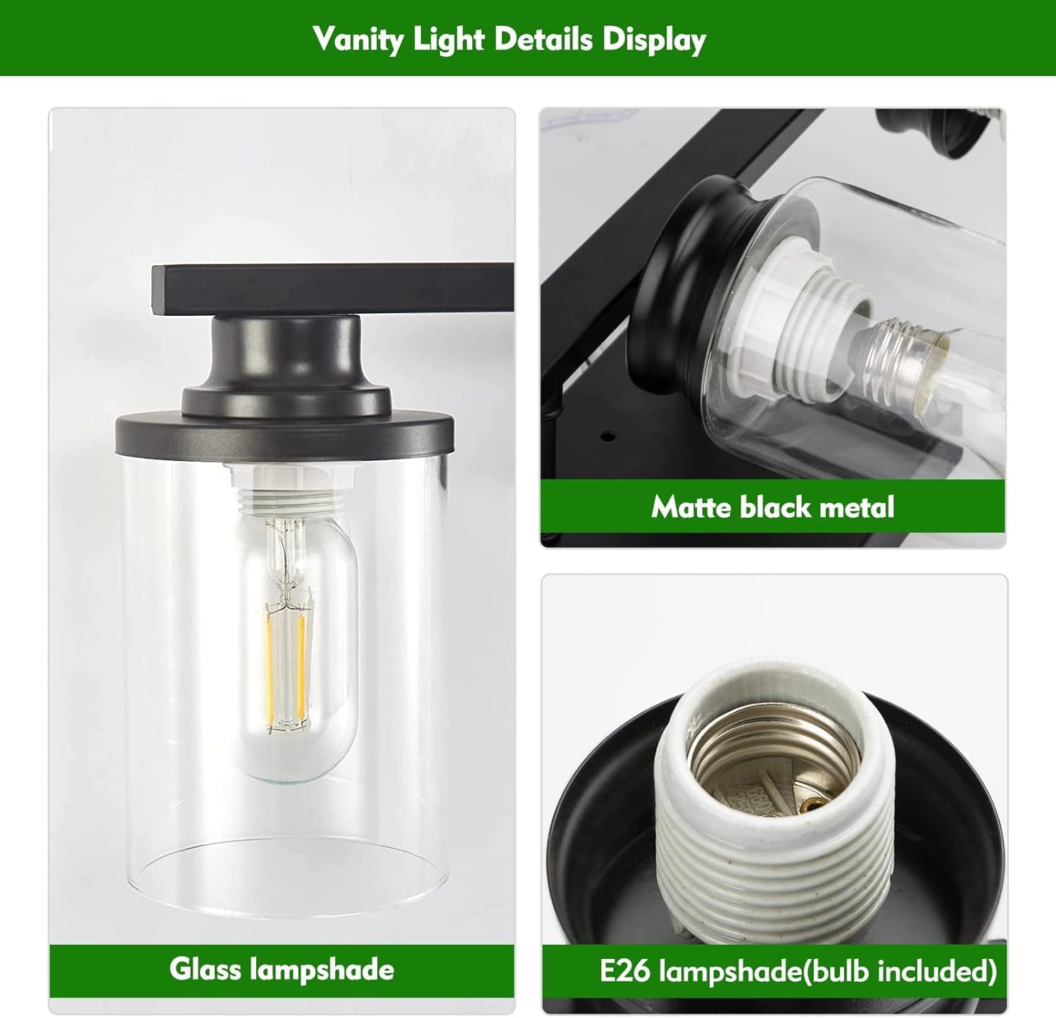 Bathroom Vanity Light, 3-Light Modern Matte Black Wall Sconce Lighting with Clear Glass Shade, Black Wall Lights, Vanity Lighting Over Mirror for Bedroom, Living Room-1Pack