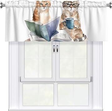 Short Rod Pocket Curtain Valance,Reading Cat Book Lover Watercolor Print Window Treatment Decor Curtains for Kitchen Living Room, Bedroom, 1 Panel, 54" W x 18" L