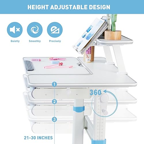 Miniatura 5 de COSVALVE Escritorio ajustable para niños con cajón, mesa de estudio ergonómica multifunción de 39 pulgadas de ancho con estante, escritorio