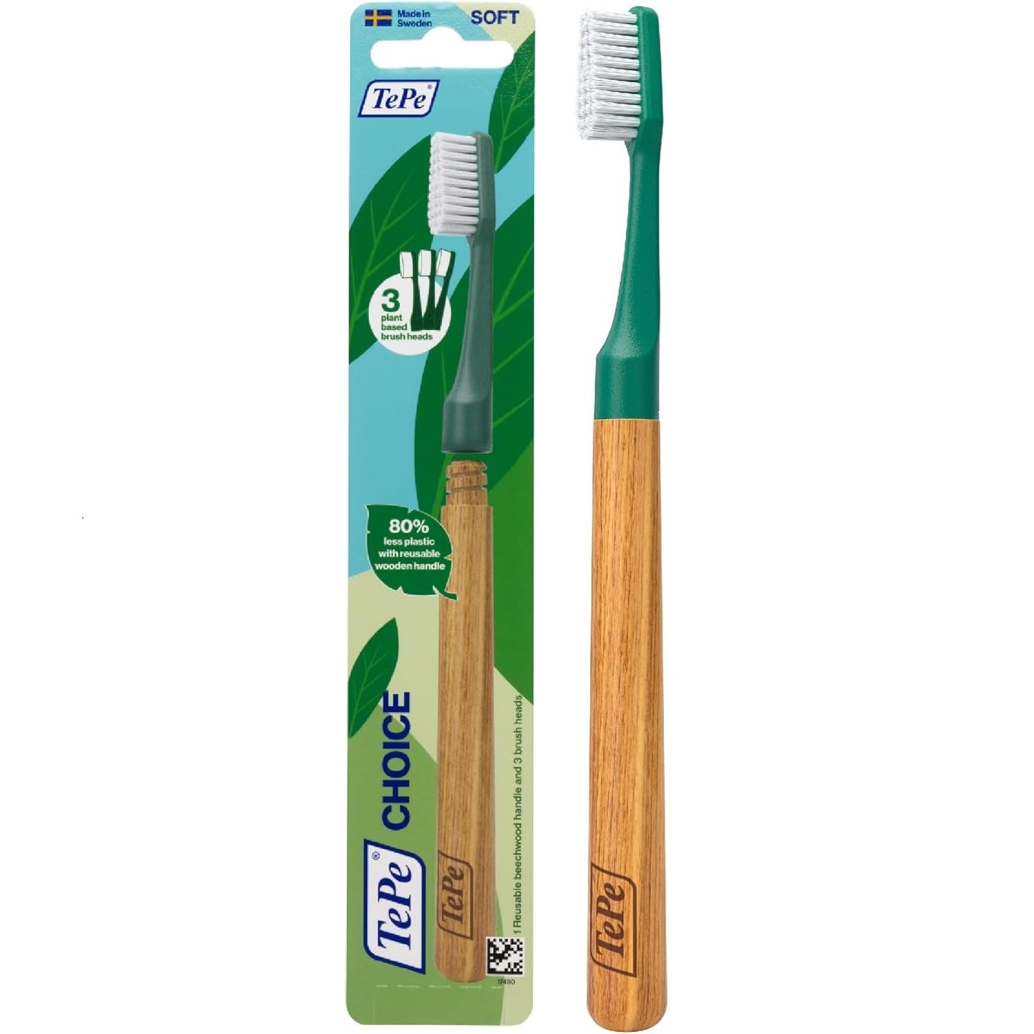 TePe Choice Toothbrush, Soft, Green, 1pc, Wooden Handle