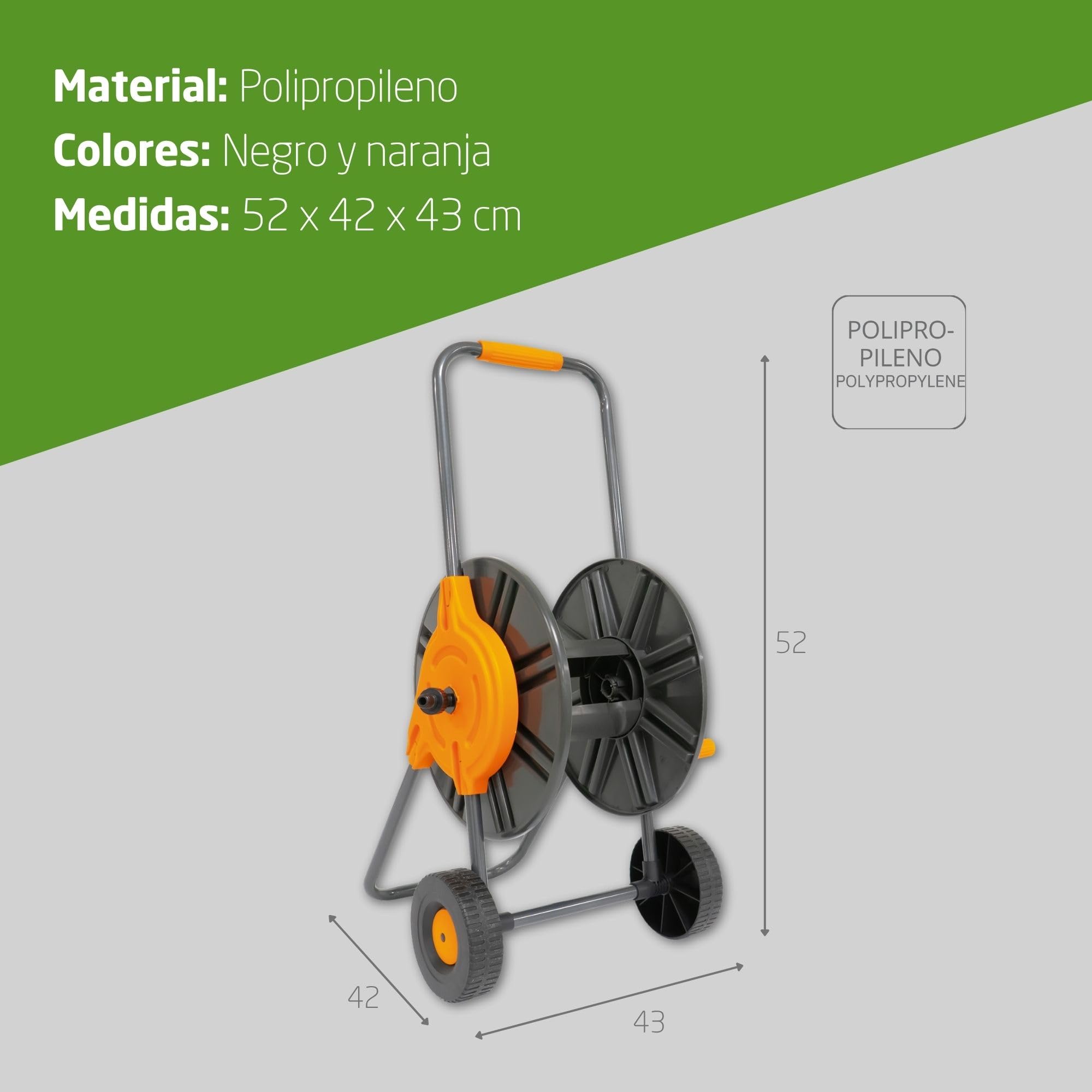 Amig - Carro Portamangueras - Para Mangueras de 1/2" - Enrollado Máximo de 60 m - Con Manivela para Enrollar Fácilmente - Polipropileno - Naranja y Gris
