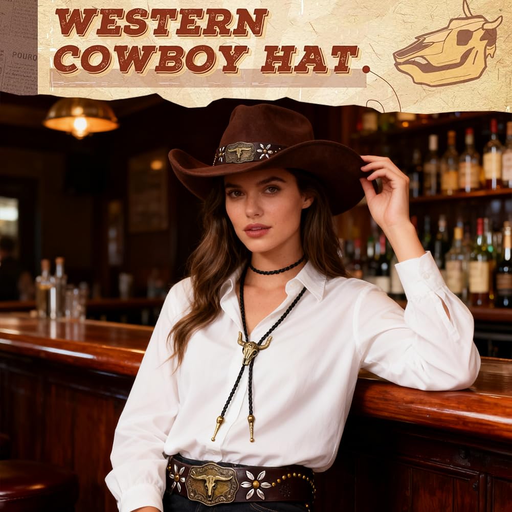 Occidentale Cappello Cowboy, Cintura Cappello In Pelle Retro, Cravatta In Cuoio In Bronzo, Stile Maschile E Femminile Neutro, Cowboy, Carnevale Di Halloween