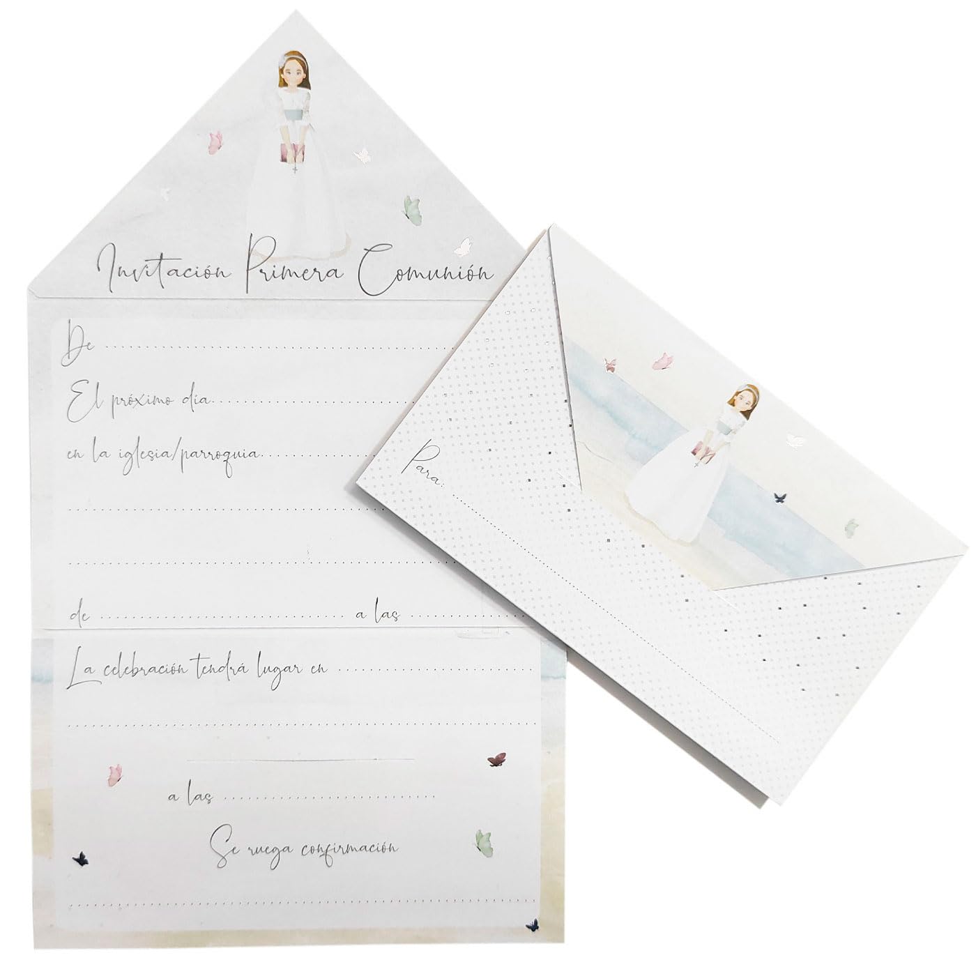 Acan Tradineur - Pack de 20 invitaciones con diseño de sobre para Primera Comunión, papel, invitar familia, amigos, fiestas, celebraciones religiosas (Niña playa - 23 x 13,5 cm)