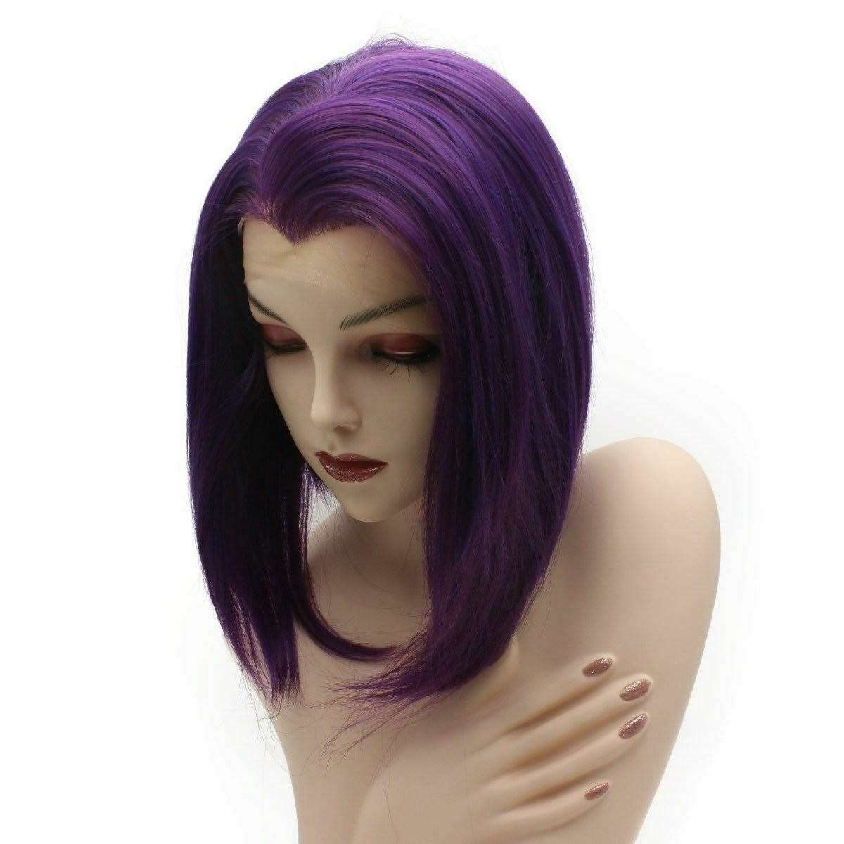 iwonawig Iewig Short Bob Straight Wig Half Hand Tied Purple Synthetic Lace Front Heat Friendly Fiber