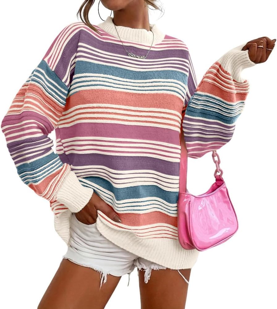 Womens Contrast Striped Pullover Sweaters Crewneck Long Sleeve Loose Colorblock Knit Jumper Casual Oversized Fall Tops