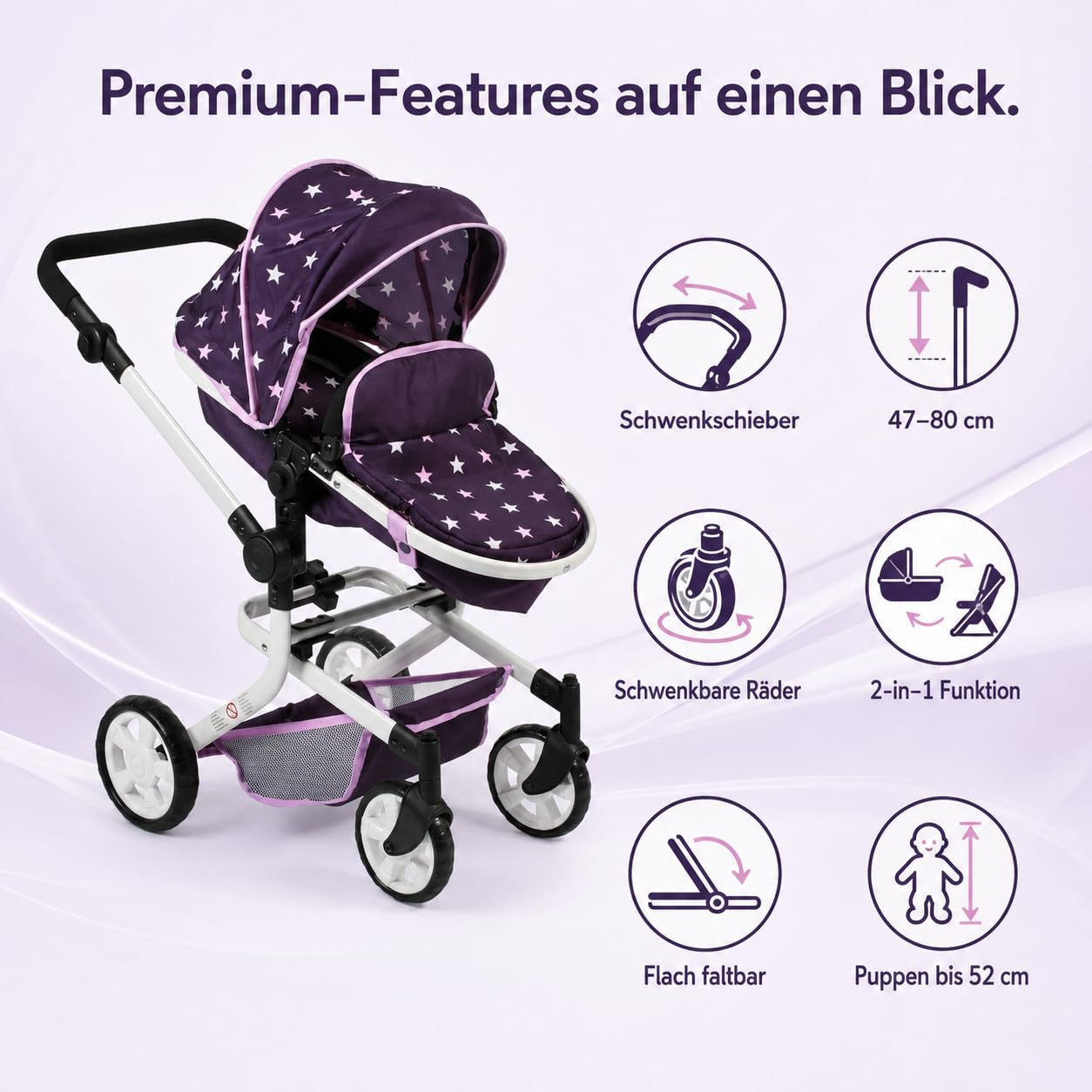 Bayer Chic 2000 - Wózek dla lalek Mika, wózek dla lalek kombi, 2 w 1, dla dzieci w wieku od 4 do 8 lat, kolor fioletowy, 73 x 41 x 82 cm