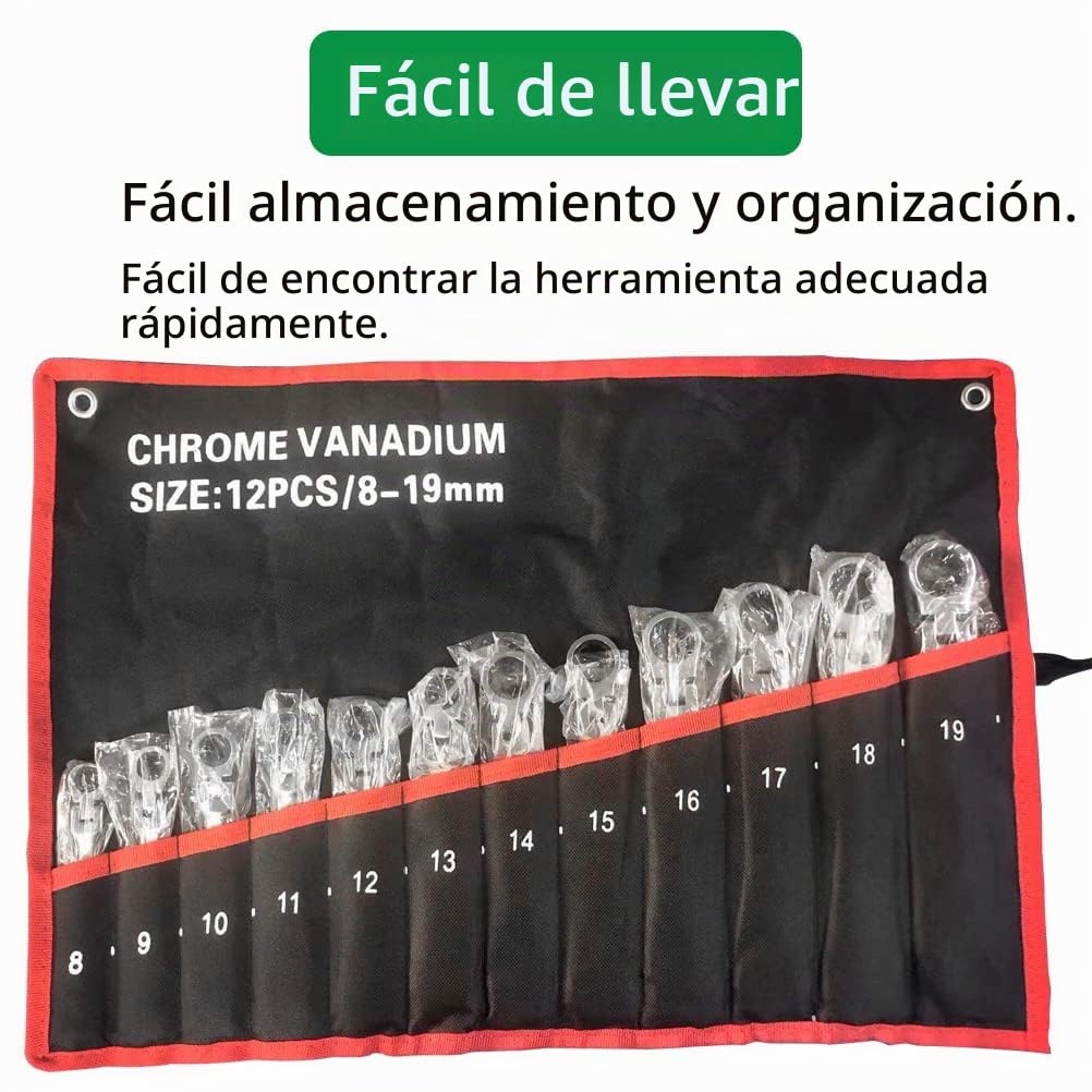 12 Piezas Juego de Llaves Combinadas Flexible, 8~19 Mm Juego de Llaves Carraca Métricas, Acero Al Cromo Vanadio, Cabeza Giratoria De 180°, Arco de Rotación de 5°, con Bolsa