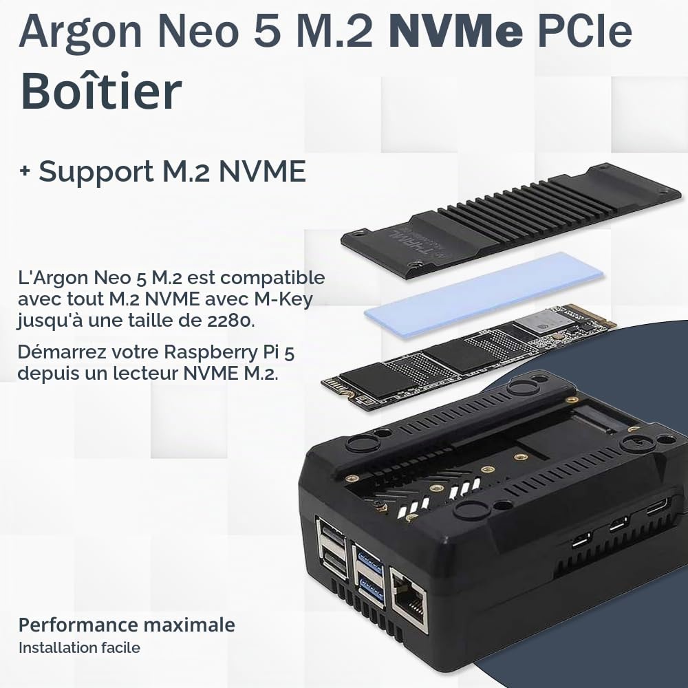 Raspberry Pi 5 Kit professionnel 8 Go | Argon Neo 5 M.2 NVMe PCIe | Bloc d'alimentation USB-C 27 W | Câble Micro HDMI | Raspberry Pi 5 8 Go de RAM