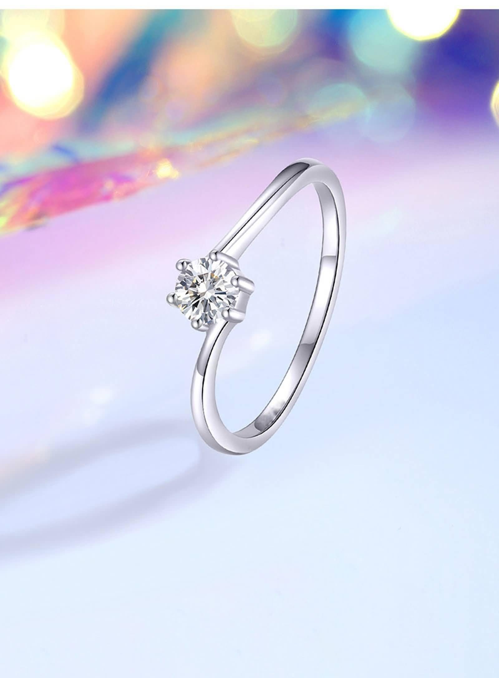 Edelstahl Ringe Damen Silber, Ringe Vintage Schmaler Solitärring mit Rundem Moissanit 0,3 Ct 14K Weißgold Größe 49 (15.6)