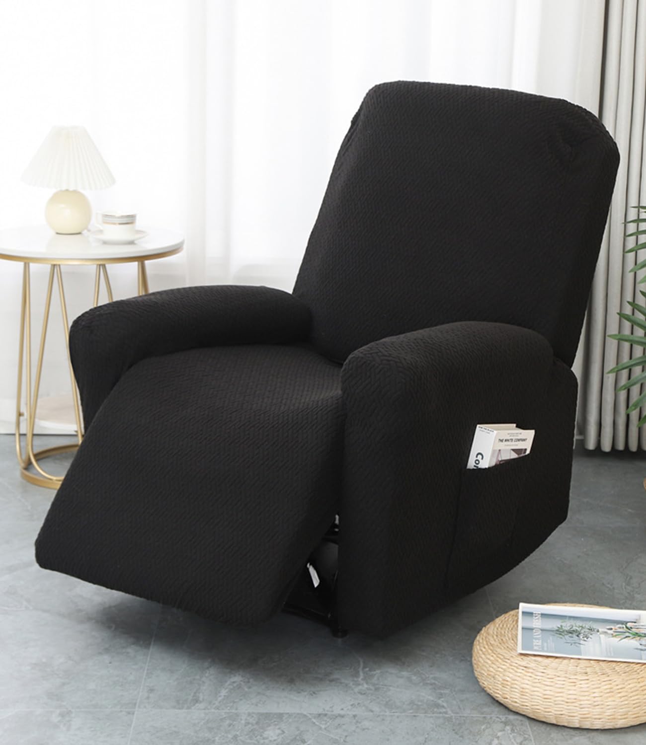 Hearda 1 Seater Jacquard Recliner Chair Cover, Recliner Slipcover for Electric Chair with Pockets, 4 Pieces Stretch Recliner Sofa Covers, Non-Slip Armchair Covers, Sofa Slipcovers Protector-Black