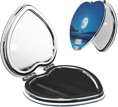 Mini Heart Shape Makeup Mirror with Cover, Portable Azure Tranquility Print Travel Make Up Mirrors with Magnification