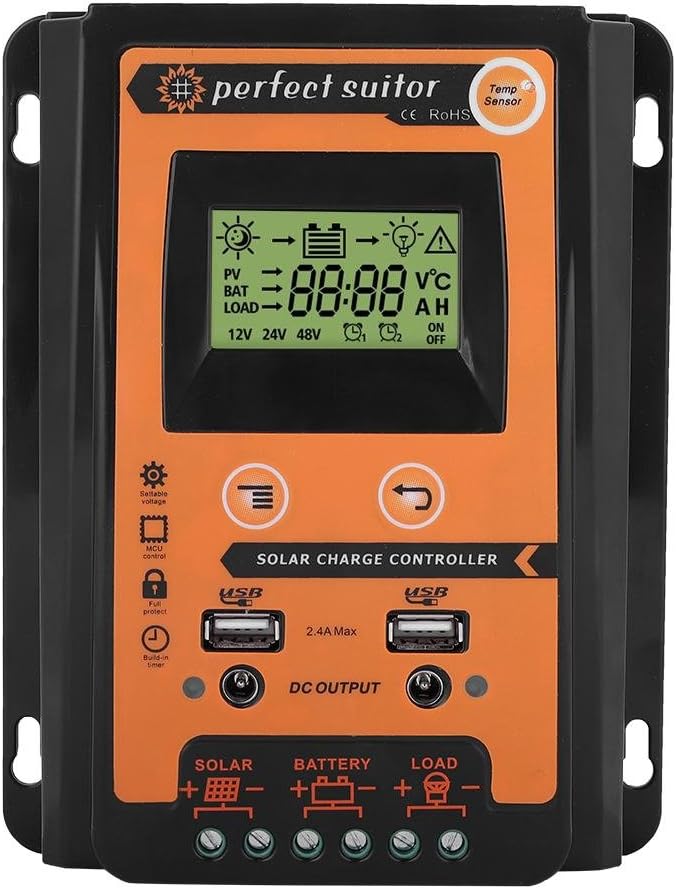FydunMppt Solar Charge Controller 12V/24V Solar Panel Battery Regulator Dual Usb Lcd Display Panel Regulator Current 30A 50A 70A Black And Orange (30A) Solar Charge Controller 12V