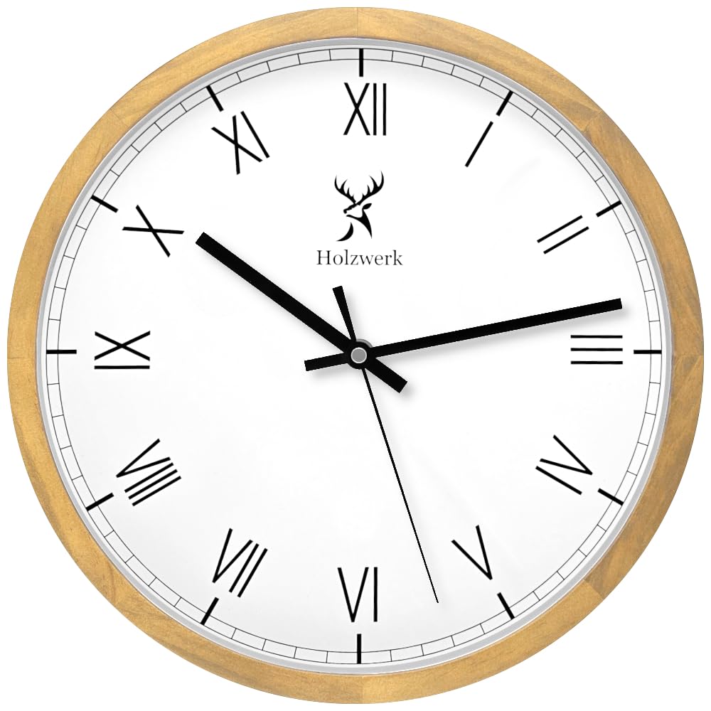 Holzwerk Germany Natur Holz Wanduhr Holz-Uhr Vintage lautloses Uhrwerk ohne Tickgeräusche römische Ziffern Braun Weiß lautlos aus handgefertigtem Massivholz Natur 30 cm (Römisch.Buche)