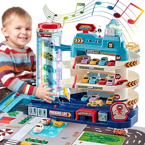 Image of Toy Car Ramp Track Dinosaur Climbing Hills and Lifting Parking Lot with 8 Mini Racer Cars, Christmas & Birthday Toy Gift for Kids 3 4 5 6 7 8 9 Years Old (Lifting Parking Lot Track+ 4 Cars)