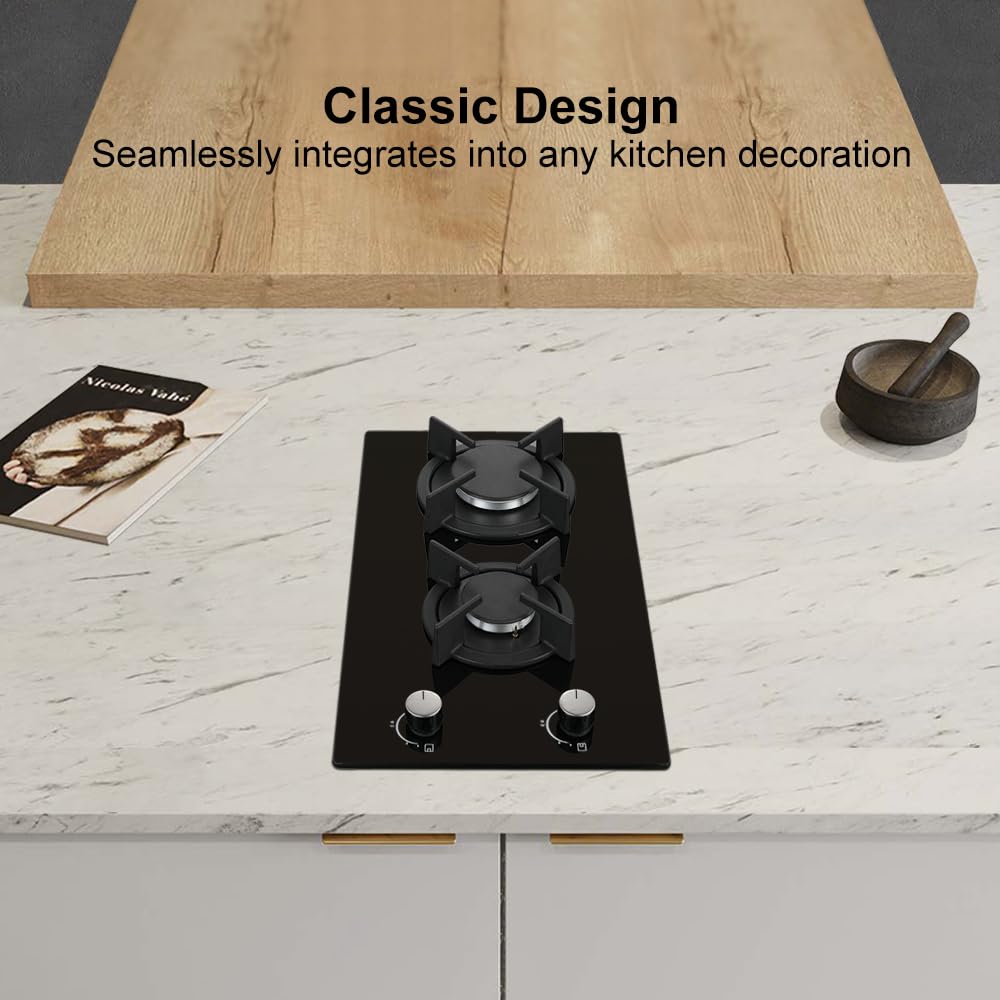 SNDOAS 2 Burners Gas Hob, Black Glass Gas Hob Flame Failure Protection, NG/LPG Convertible, Cast Iron Pan Support, 30cm, 2400 W/1800 W — view 2