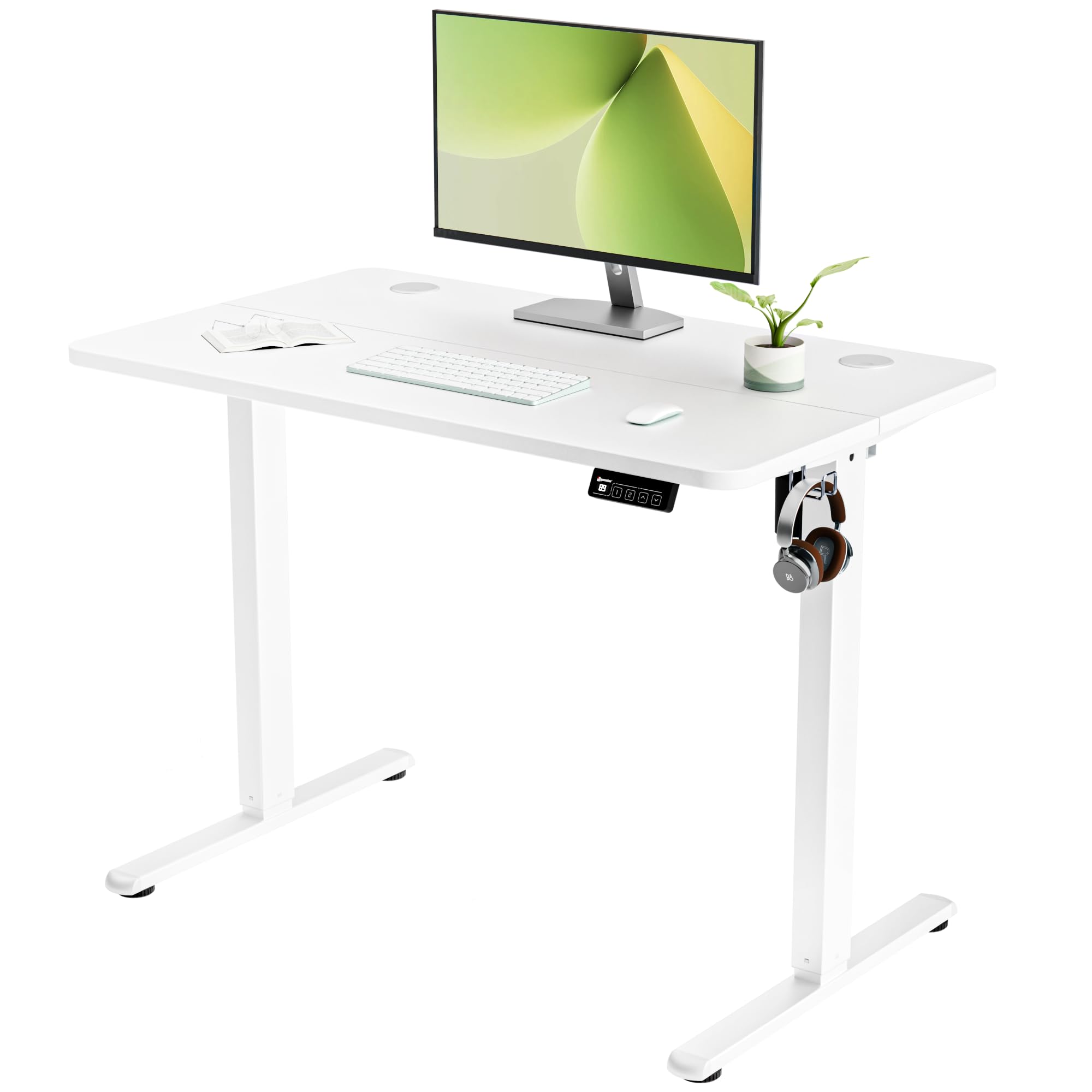ERGOMAKER Small Standing Desk 100x60cm, Height Adjustable Desk, Sit Stand Desk with Memory Handset and Hooks, for Home Office Study(White Frame + White Desktop)