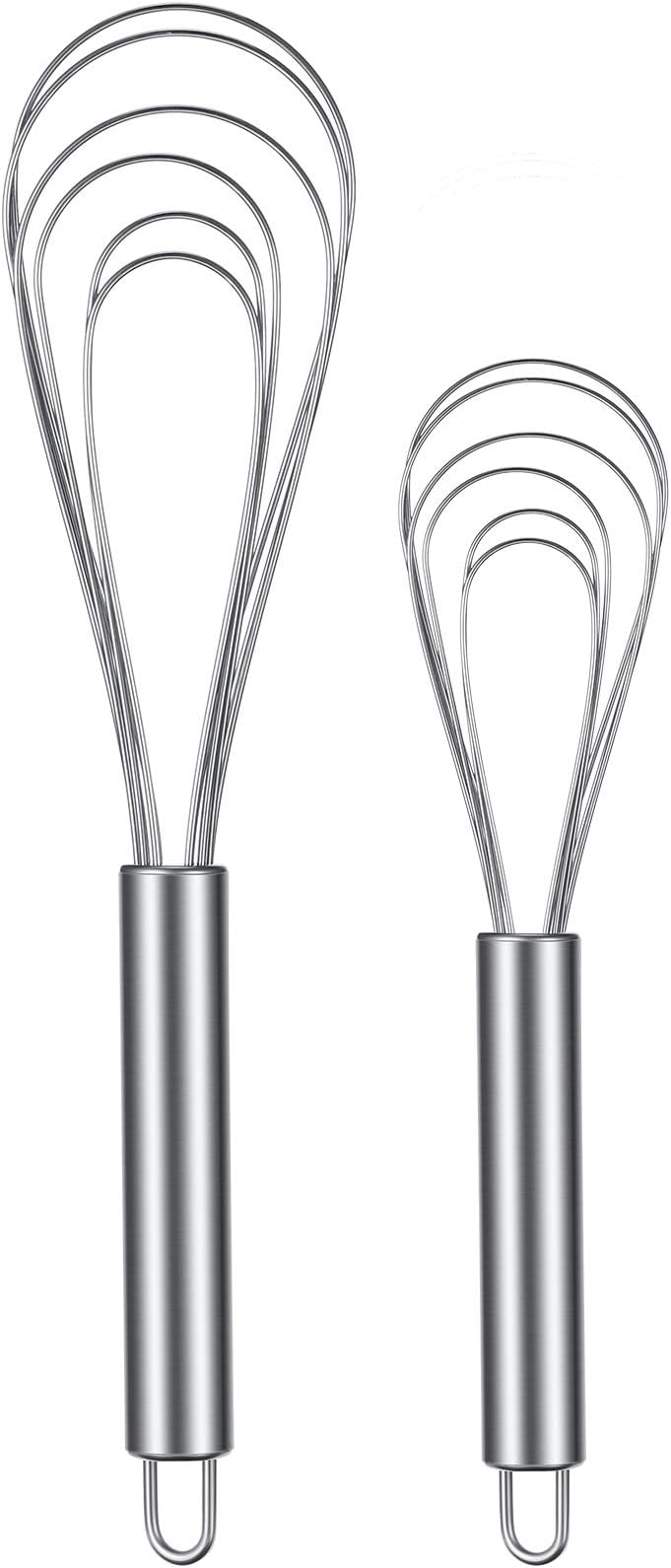 2 Pcs Flat Whisk Set Stainless Steel 8" and 10" Flat Wire Egg Whisk Dishwasher Portable for Kitchen Cooking Sauce Blending Beating Stirring Mixing
