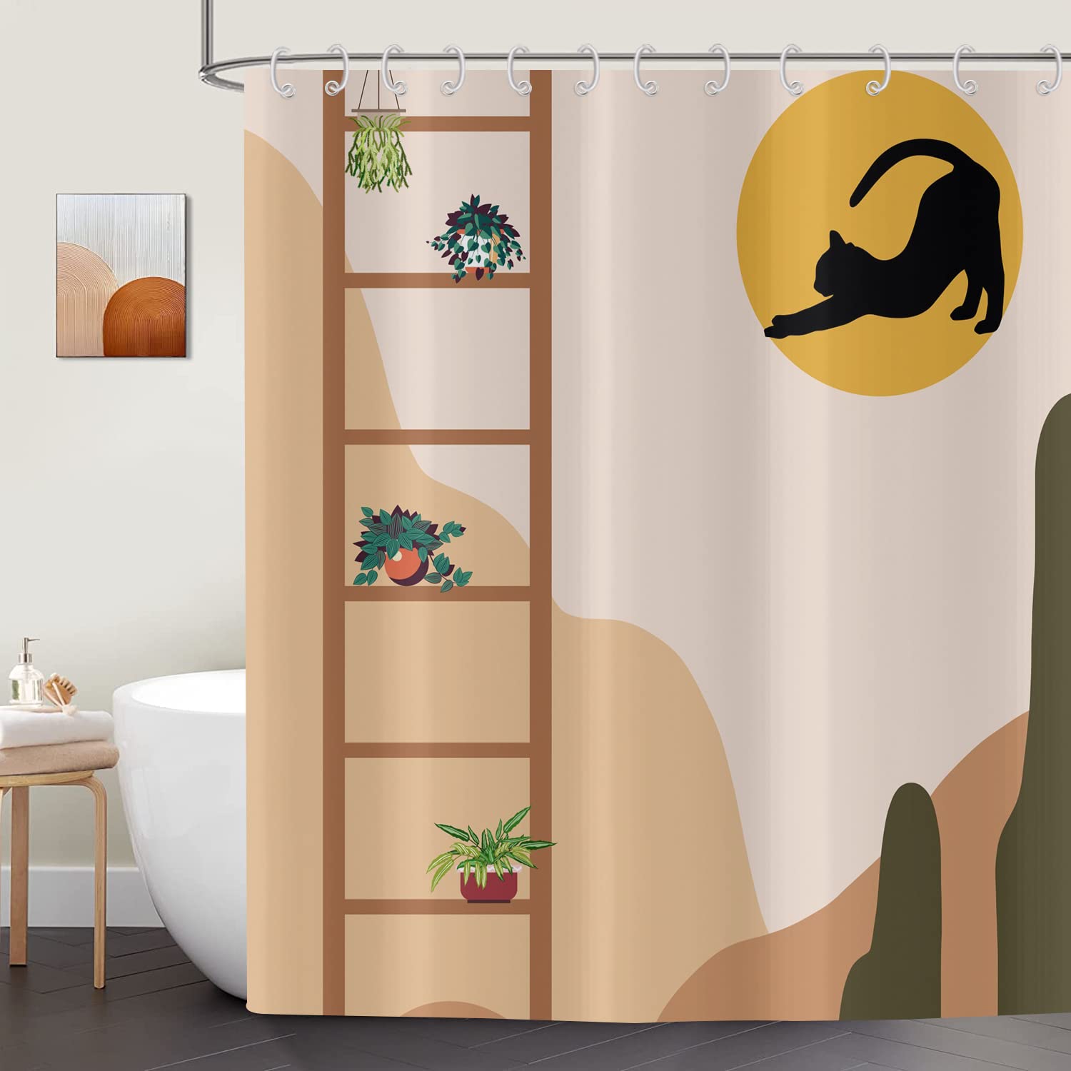 ASDCXZ Shower Curtain Boho Style 120x180 cm, Bohemian Modern Abstract Art Cute Cat Sun Flower Beige Shower Curtains Washable Bathroom Decor Waterproof Polyester Textile Bathtub Curtain with 8 Hook — image 1