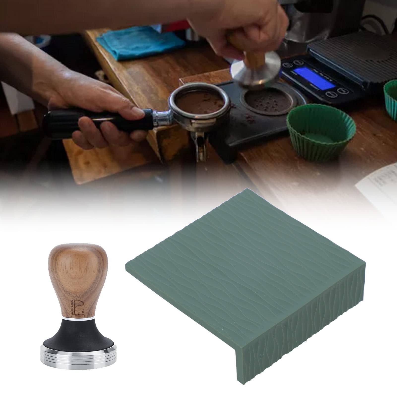 Yosoo Health Gear Tapete de Silicona para Manipulación de café con de Nogal y Acero Inoxidable de 58 Mm, Borde de 90 Grados, Protección de Superficie, para Apisonar café Expreso en la Cocina del