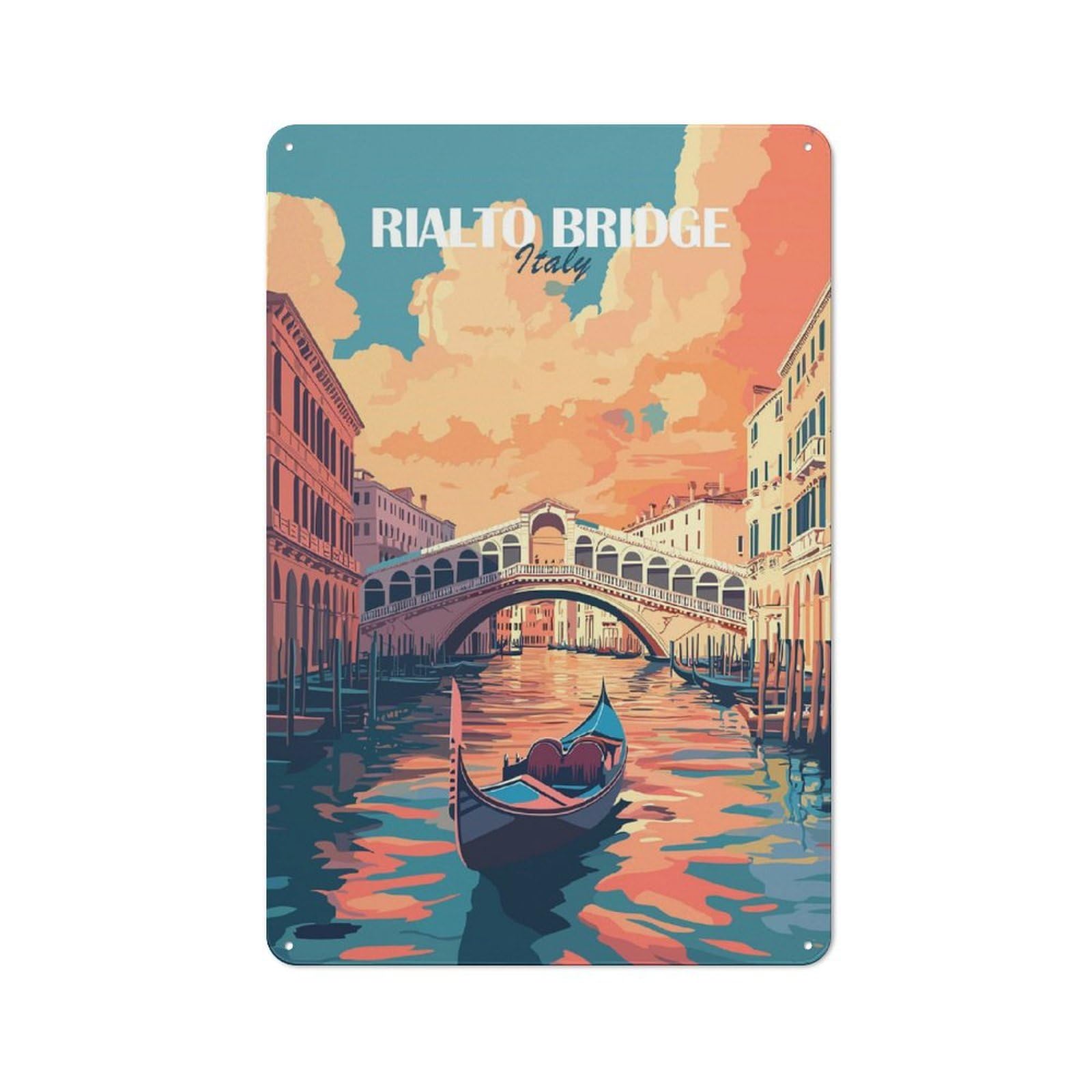 Junmoney Style-4 Rialto Bridge Venice Classic Metal Wall Decor 30X20cm, Office Metal Sign For Workspace, Cafe, Shop Or Desk Area