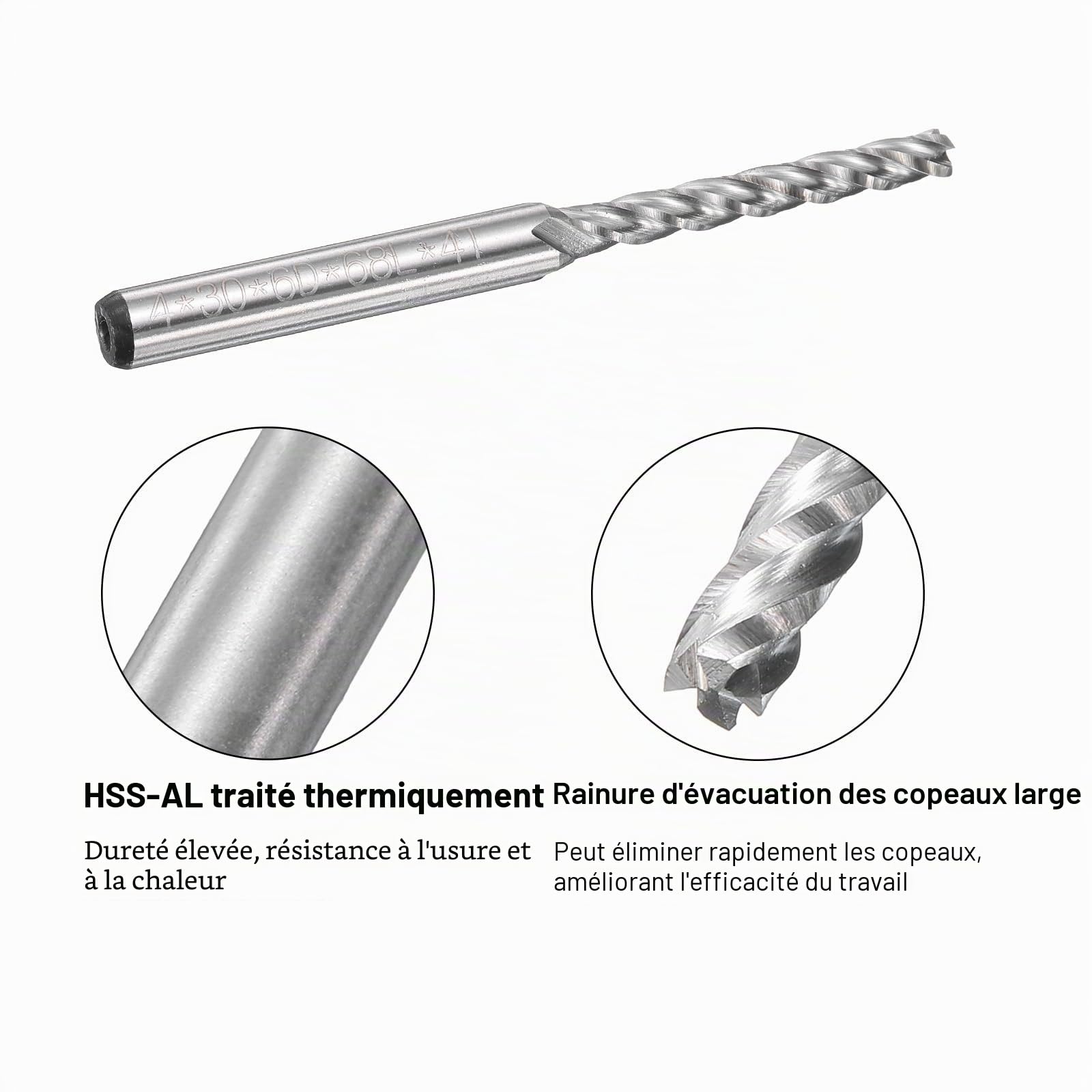 sourcing map HSS-AL Lot de 4 fraises HSS-AL 4 mm de diamètre de coupe 6 mm tige 4 cannelures Fraise à défoncer en spirale Outil de fraisage pour bois PVC MDF gravure