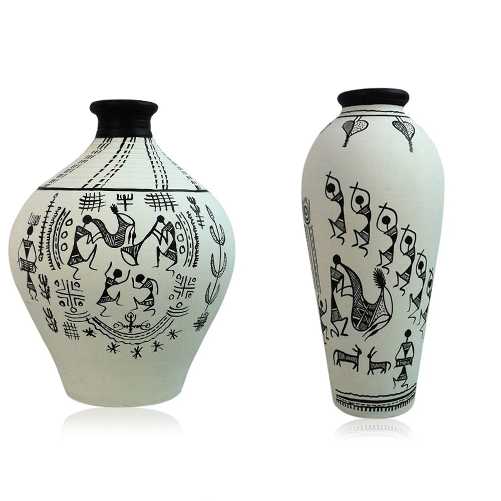 ExclusiveLaneThe Warli Tales' Terracotta Vase | Round Handpainted Vase for Living Room | Unique Flower Vase Centerpieces | Home Decorative Accent | Ideal Gift for Occasions | White, Set of 2